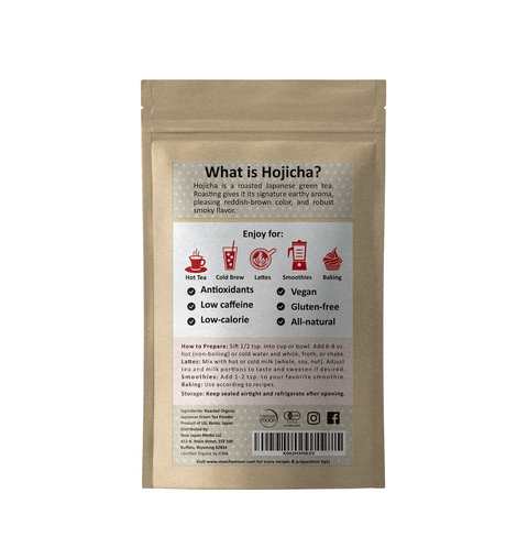 Back packaging of Wakoucha Organic Hojicha Black Tea Powder with health benefits and preparation instructions.
