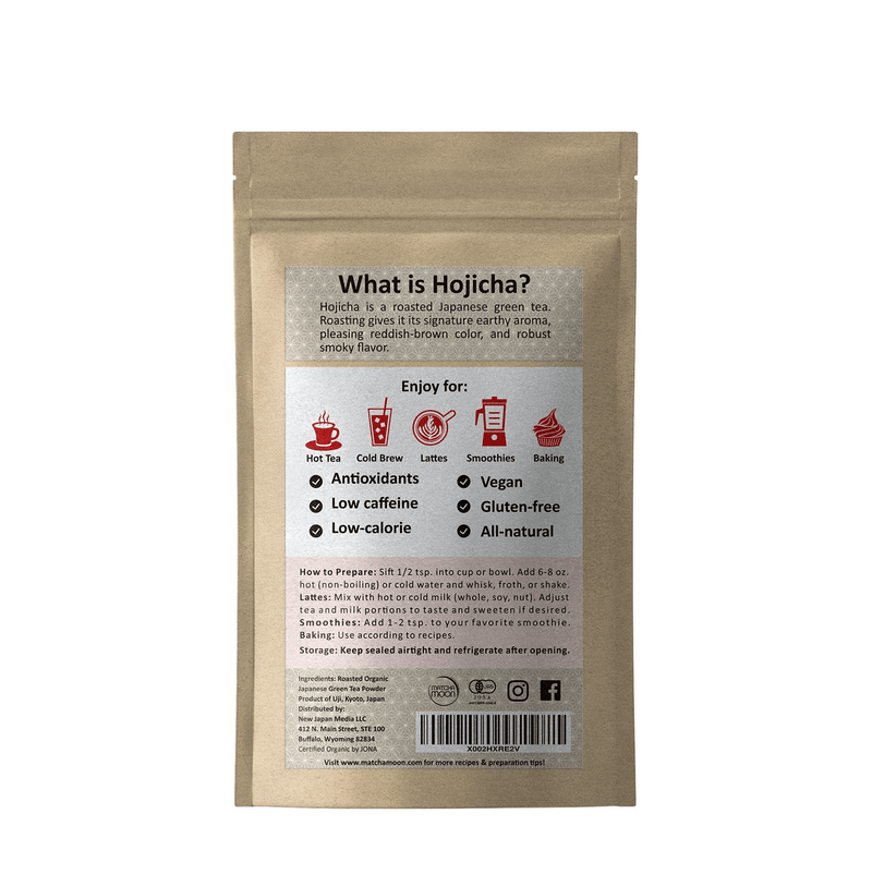 Back packaging of Wakoucha Organic Hojicha Black Tea Powder with health benefits and preparation instructions.