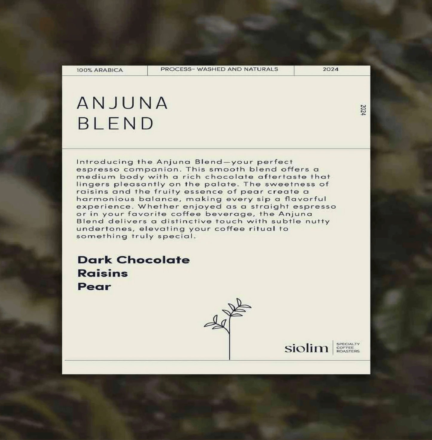 Anjuna Blend by Siolim Coffee packaging showcasing espresso blend with chocolate, raisins, and pear notes.
