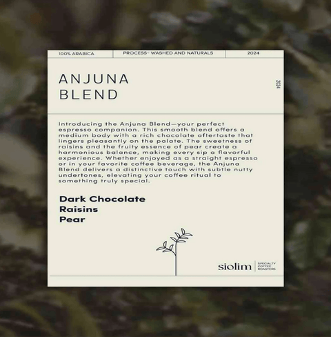 Anjuna Blend by Siolim Coffee packaging showcasing espresso blend with chocolate, raisins, and pear notes.