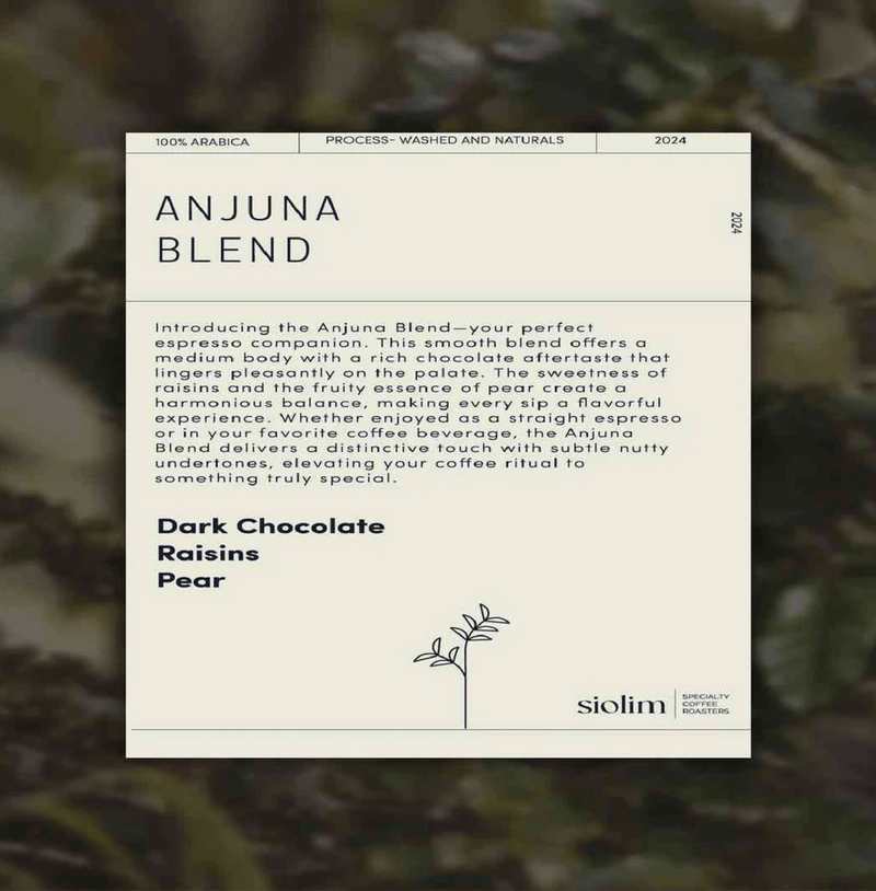 Anjuna Blend by Siolim Coffee packaging showcasing espresso blend with chocolate, raisins, and pear notes.