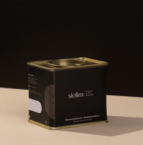 Tin of Cascara coffee fruit peel product by Siolim, showcasing sustainable circular economy principles.