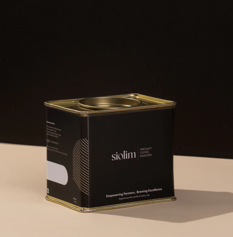 Tin of Cascara coffee fruit peel product by Siolim, showcasing sustainable circular economy principles.