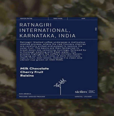 Packaging of Ratnagiri Washed Single Origin coffee from Siolim Coffee, showcasing the washed coffee process and its unique flavors.