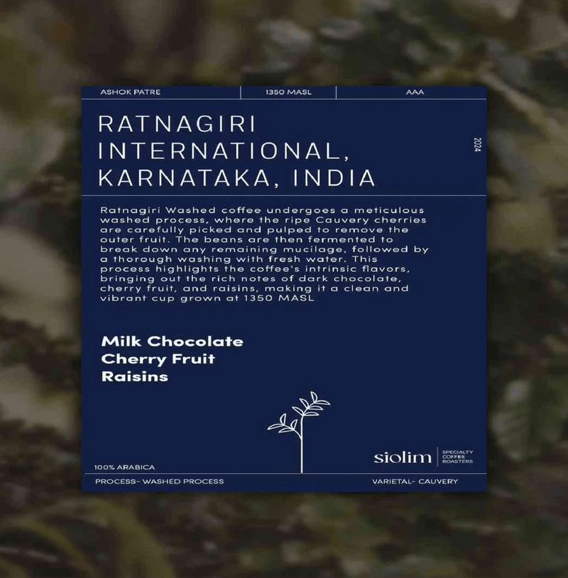 Packaging of Ratnagiri Washed Single Origin coffee from Siolim Coffee, showcasing the washed coffee process and its unique flavors.
