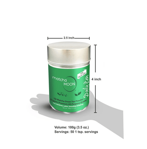 Daily Zen - Japanese Matcha Green Tea Powder, 100g tin, ideal for tea, lattes, smoothies, and baking, 50 servings per container.