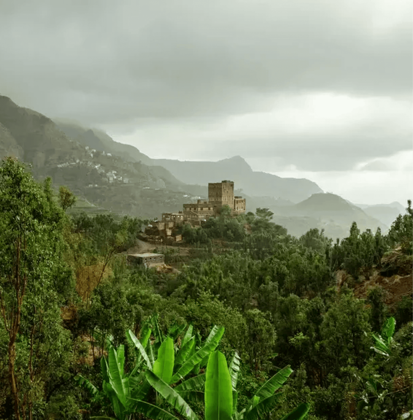Scenic view of lush green hills and historic building enveloped in misty clouds, depicting vibrant natural landscape.
