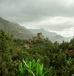 Scenic view of lush green landscape with mountains in Yemen, highlighting the origin of Arabic Gahwa Specialty Ground Coffee.