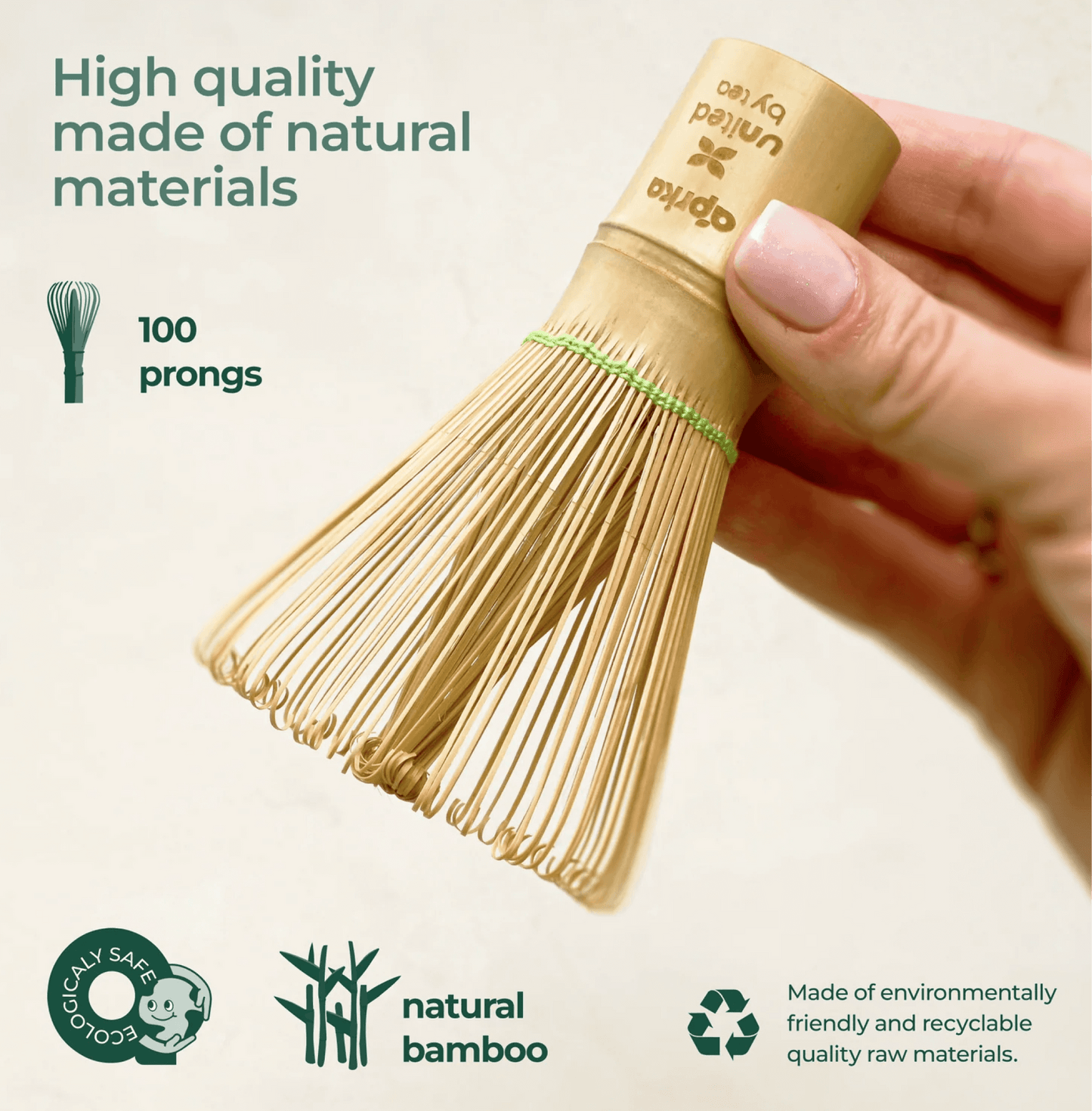 Bamboo Matcha Whisk 100 Prongs made from natural bamboo, showcasing high quality and environmental sustainability.