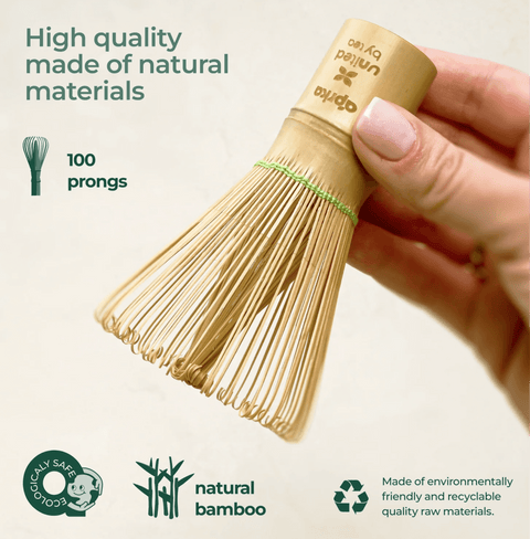 Bamboo Matcha Whisk 100 Prongs made from natural bamboo, showcasing high quality and environmental sustainability.