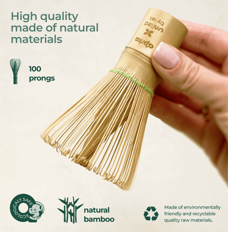 Bamboo Matcha Whisk 100 Prongs made from natural bamboo, showcasing high quality and environmental sustainability.