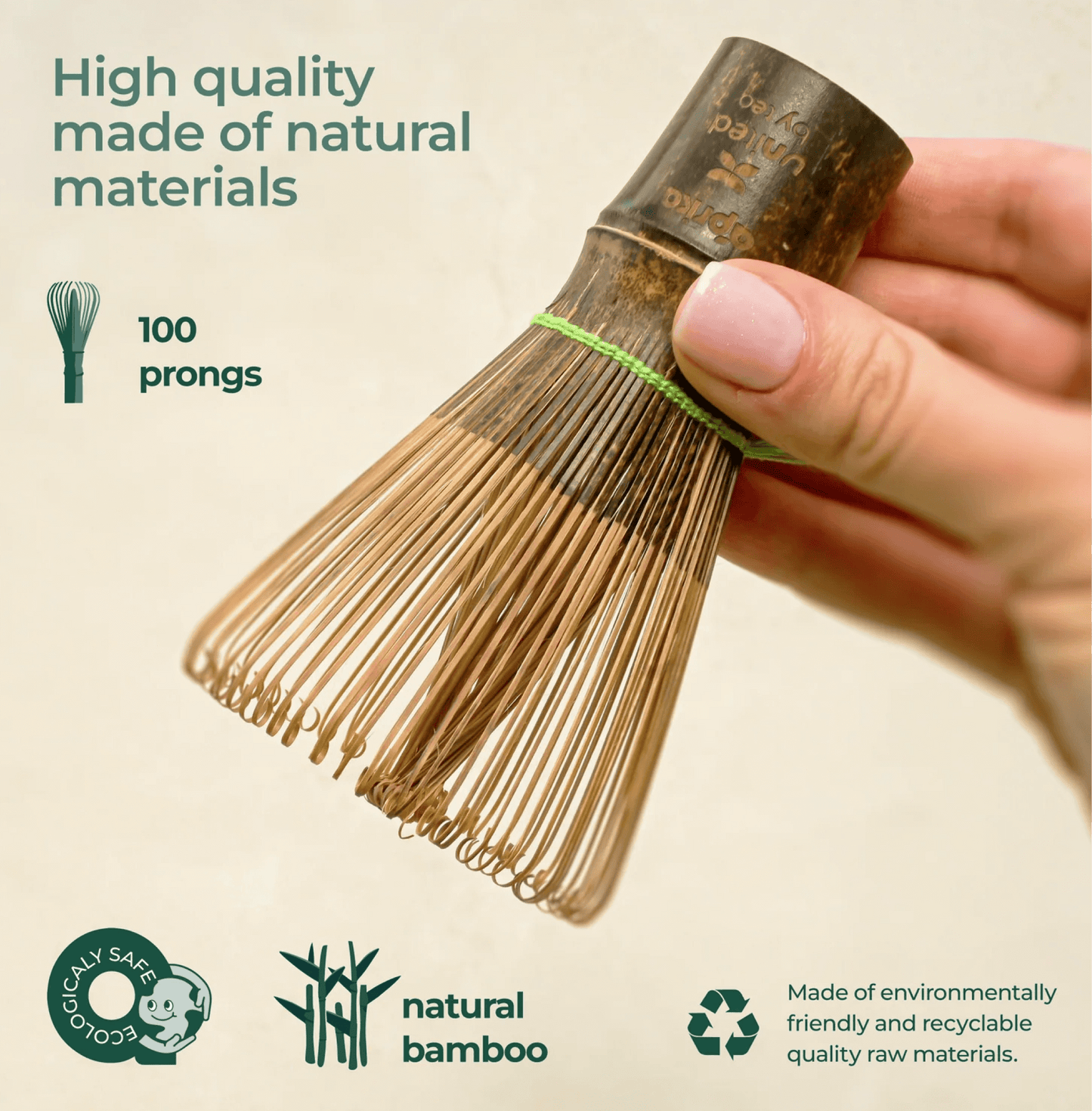 Dark Bamboo Matcha Whisk 100 Prongs made from natural bamboo, showcasing 100 prongs perfect for authentic Japanese tea preparation.