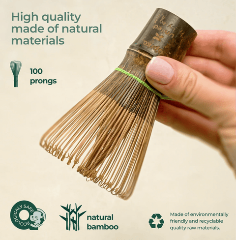 Dark Bamboo Matcha Whisk 100 Prongs made from natural bamboo, showcasing 100 prongs perfect for authentic Japanese tea preparation.
