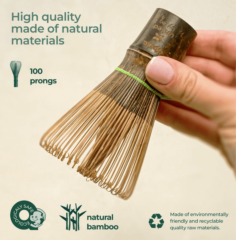Dark Bamboo Matcha Whisk 100 Prongs made from natural bamboo, showcasing 100 prongs perfect for authentic Japanese tea preparation.