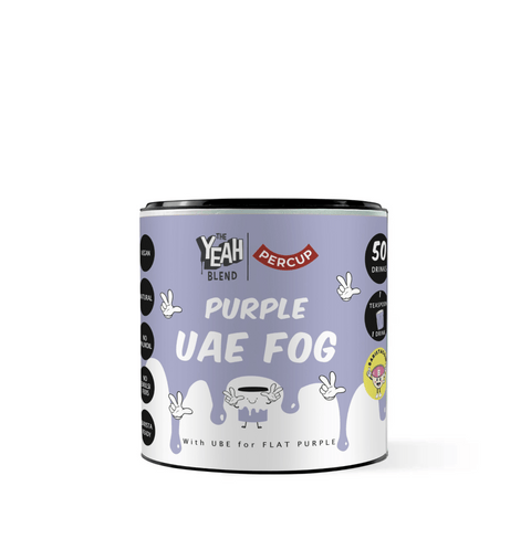 Purple UAE Fog plant-based UBE blend can with vibrant violet design for tropical flavored lattes and desserts.