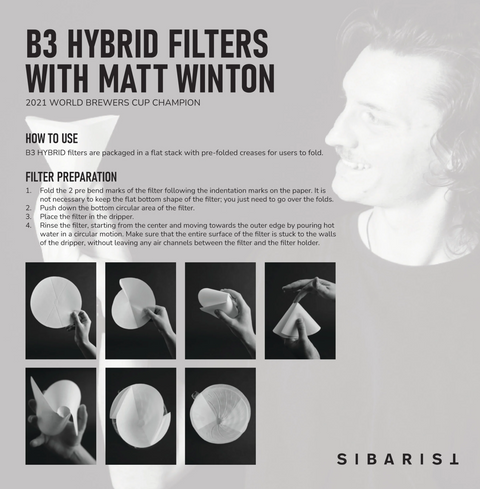 Matt Winton demonstrating Sibarist B3 Hybrid Coffee Paper Filter folding instructions and preparation guide.