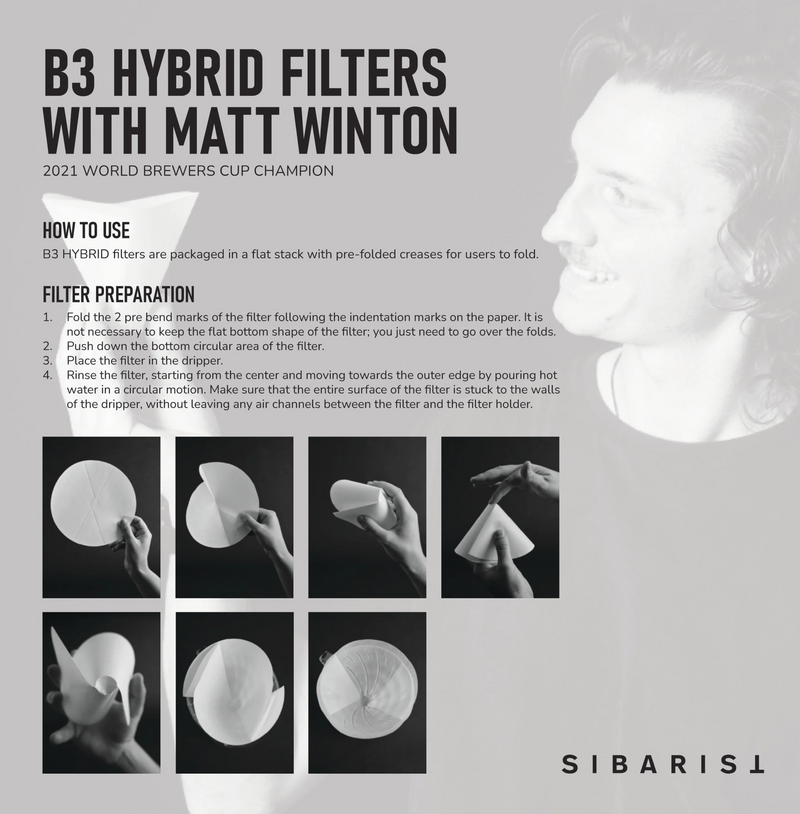 Matt Winton demonstrating Sibarist B3 Hybrid Coffee Paper Filter folding instructions and preparation guide.