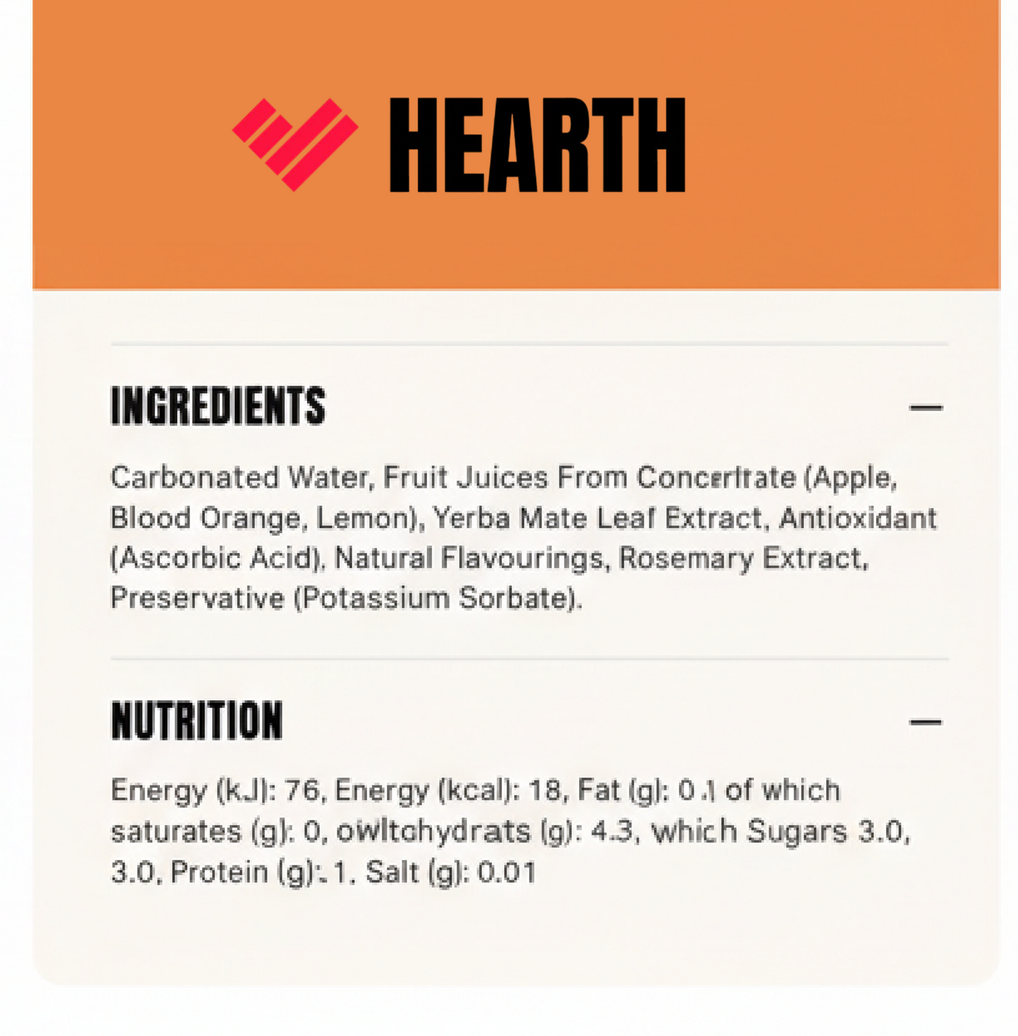 Ingredients and nutrition information card for a product with 'HEARTH' branding.