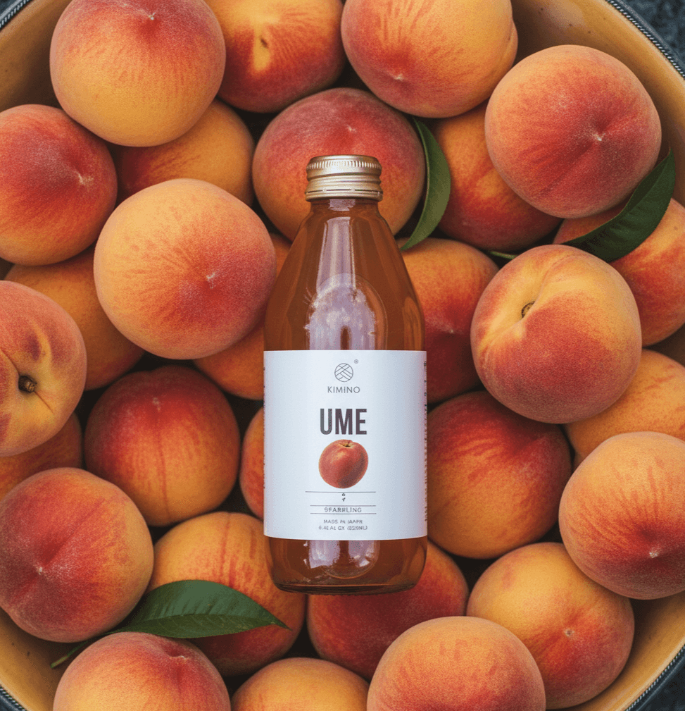 Bottle of Kimino Ume Sparkling Juice surrounded by fresh hand-picked Japanese plums.
