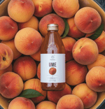 Bottle of Kimino Ume Sparkling Juice surrounded by fresh hand-picked Japanese plums.