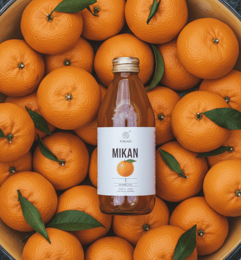 Bottle of Mikan Sparkling Juice surrounded by fresh oranges, showcasing natural ingredients and vibrant citrus flavors.