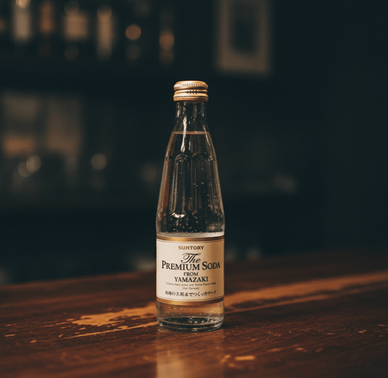 Bottle of Suntory The Premium Soda From Yamazaki on wooden table