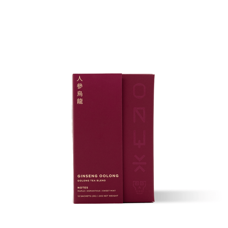 Oolong tea from Fujian, China, hand-rolled and infused with ginseng powder, offering a rich, lingering sweetness in the cup.