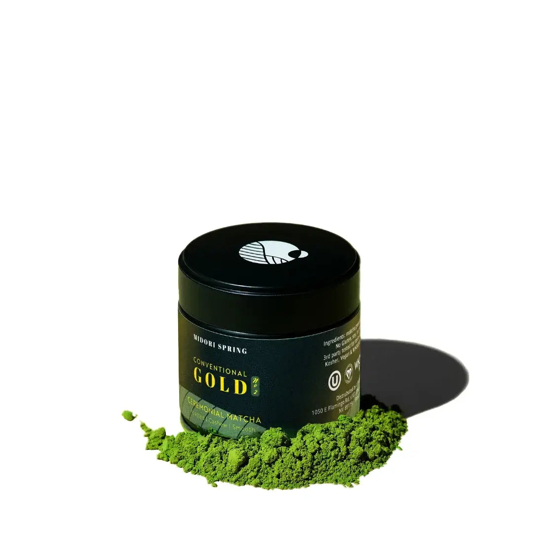 Conventional Ceremonial Matcha Gold No. 2 tin with matcha powder, rare single harvest cultivar showcasing deep, toasty notes.