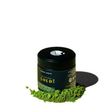 Conventional Ceremonial Matcha Gold No. 2 tin with matcha powder, rare single harvest cultivar showcasing deep, toasty notes.