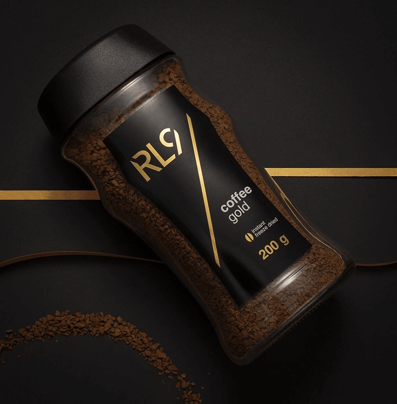 RL9 Coffee Gold freeze-dried instant coffee delivers rich aroma, dark chocolate notes, and a clean nutty finish. Specialty coffee made easy—just add hot water.