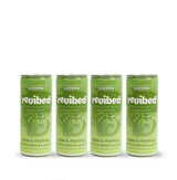 Four green cans of revibed Greens drink on a white background