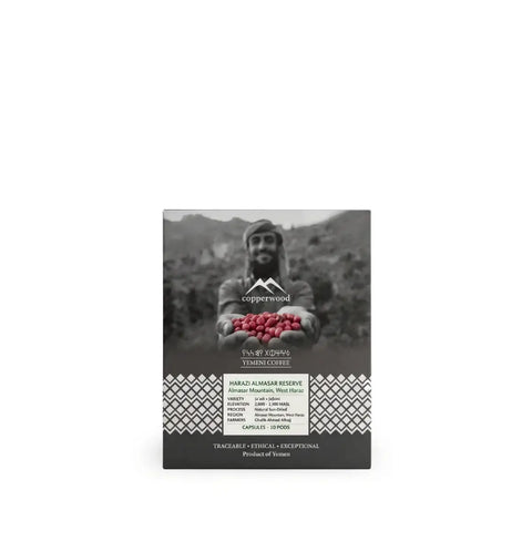 Copperwood Harazi Almasar Reserve Yemeni coffee capsules with traditional Yemen coffee packaging