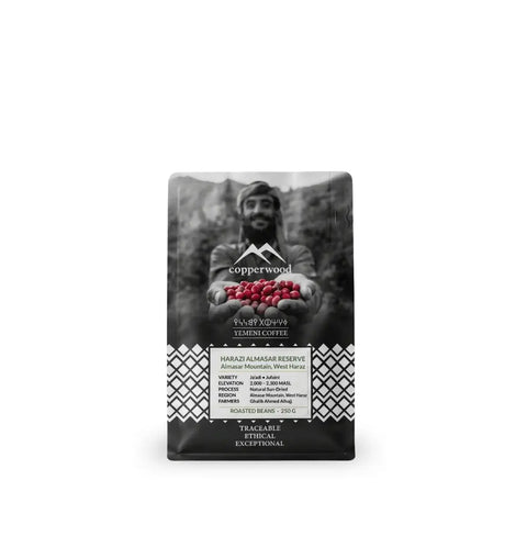 Harazi Almasar Reserve Yemeni coffee beans bag with farmer and coffee cherries by Copperwood