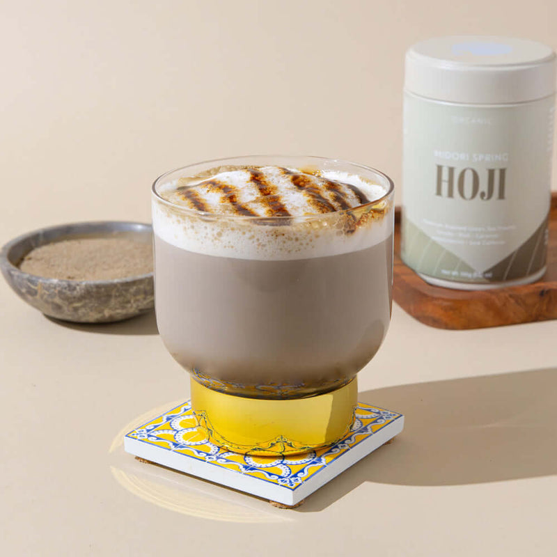 Discover the perfect Hojicha blend with smooth mocha flavor, roasted tea notes, and energizing antioxidants, low in caffeine.