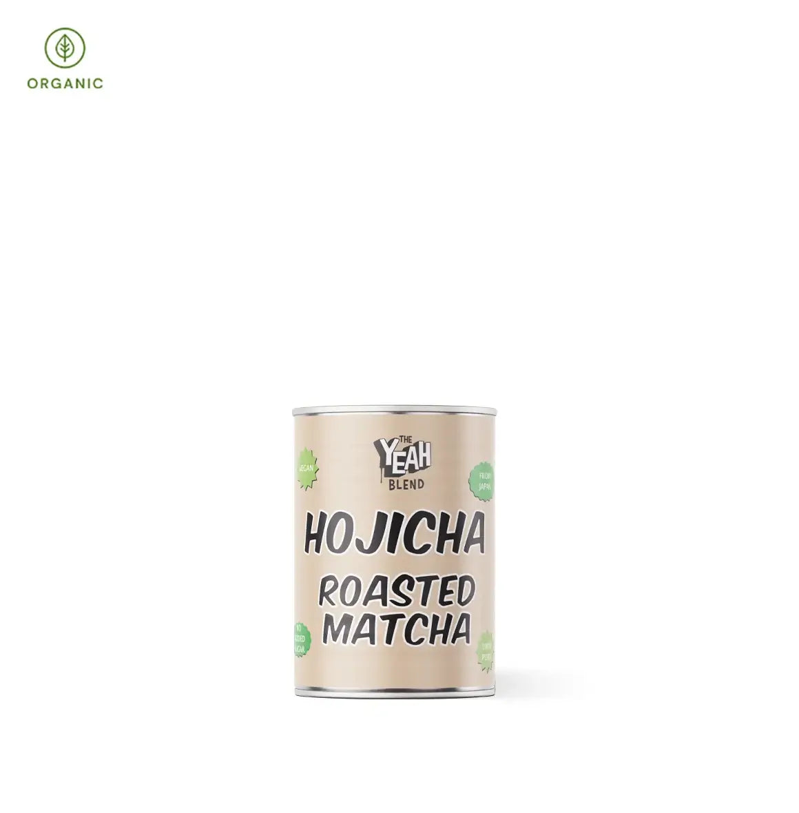 Organic Japanese Hojicha roasted matcha canister showcasing 100% roasted green tea powder from Kyoto, Japan.