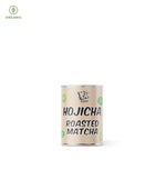 Organic Japanese Hojicha roasted matcha canister showcasing 100% roasted green tea powder from Kyoto, Japan.