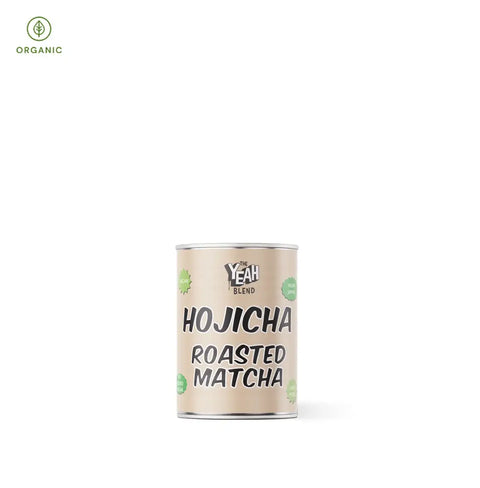 Organic Japanese Hojicha roasted matcha canister showcasing 100% roasted green tea powder from Kyoto, Japan.