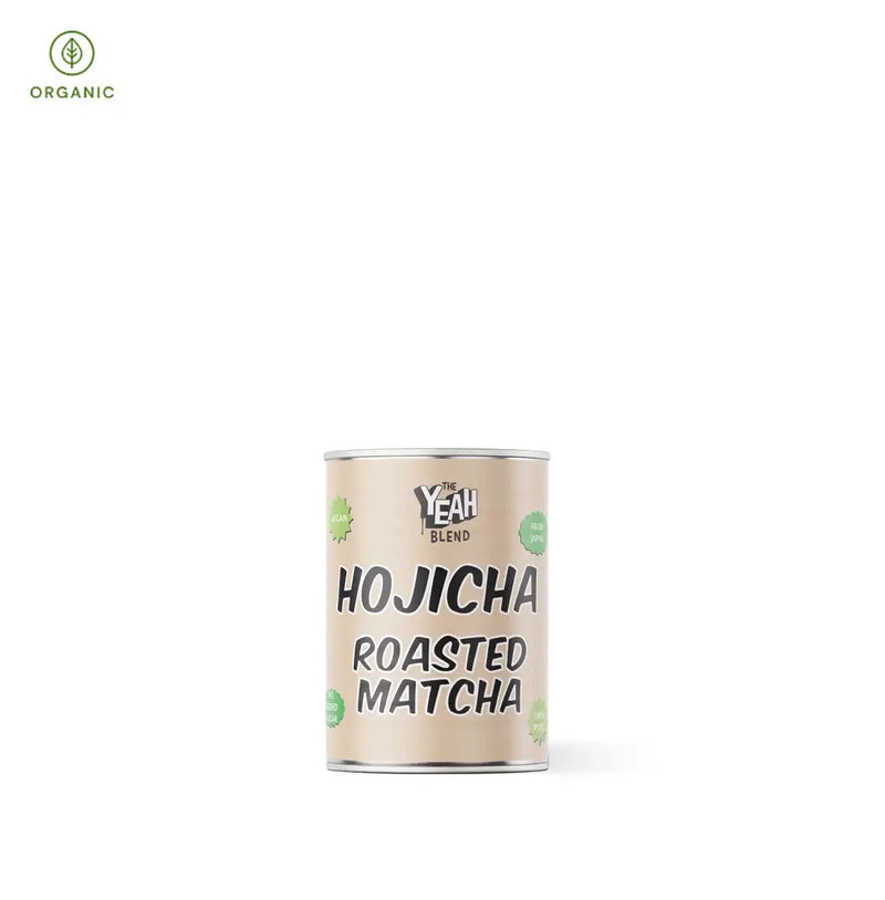 Organic Japanese Hojicha roasted matcha canister showcasing 100% roasted green tea powder from Kyoto, Japan.