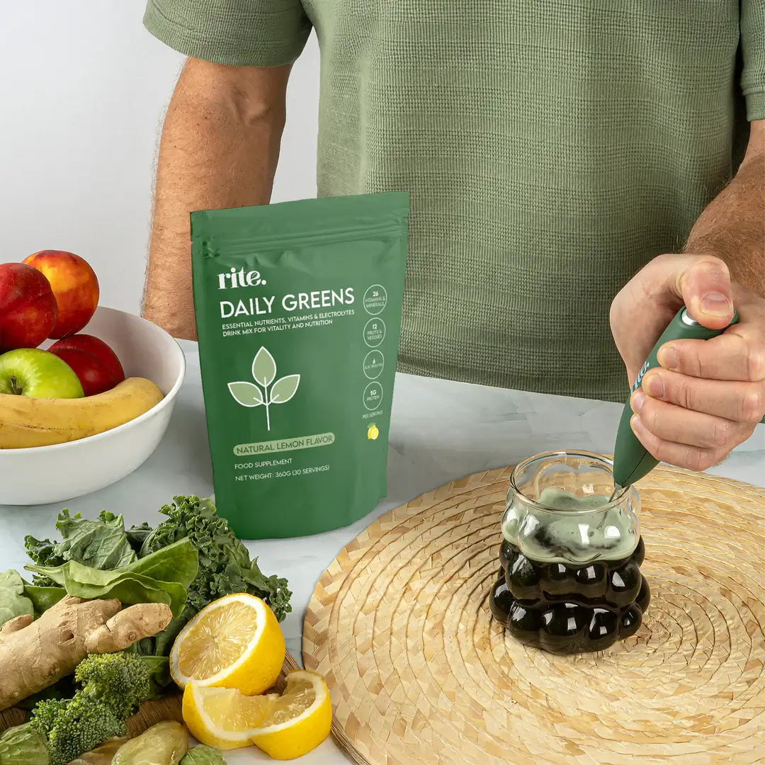 Fuel your health with RITE. Daily Greens – 15 single serves packed with 26 vitamins, 12 superfoods, electrolytes, and pea protein to boost energy, immunity, and focus.