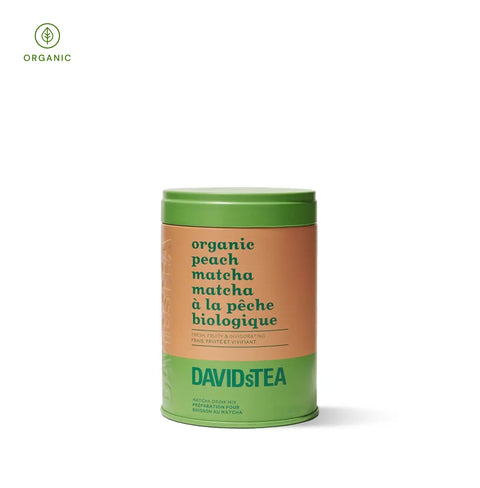 DAVIDsTEA Organic Peach Matcha – Sweet peach-flavored matcha blend with antioxidants and smooth energy.