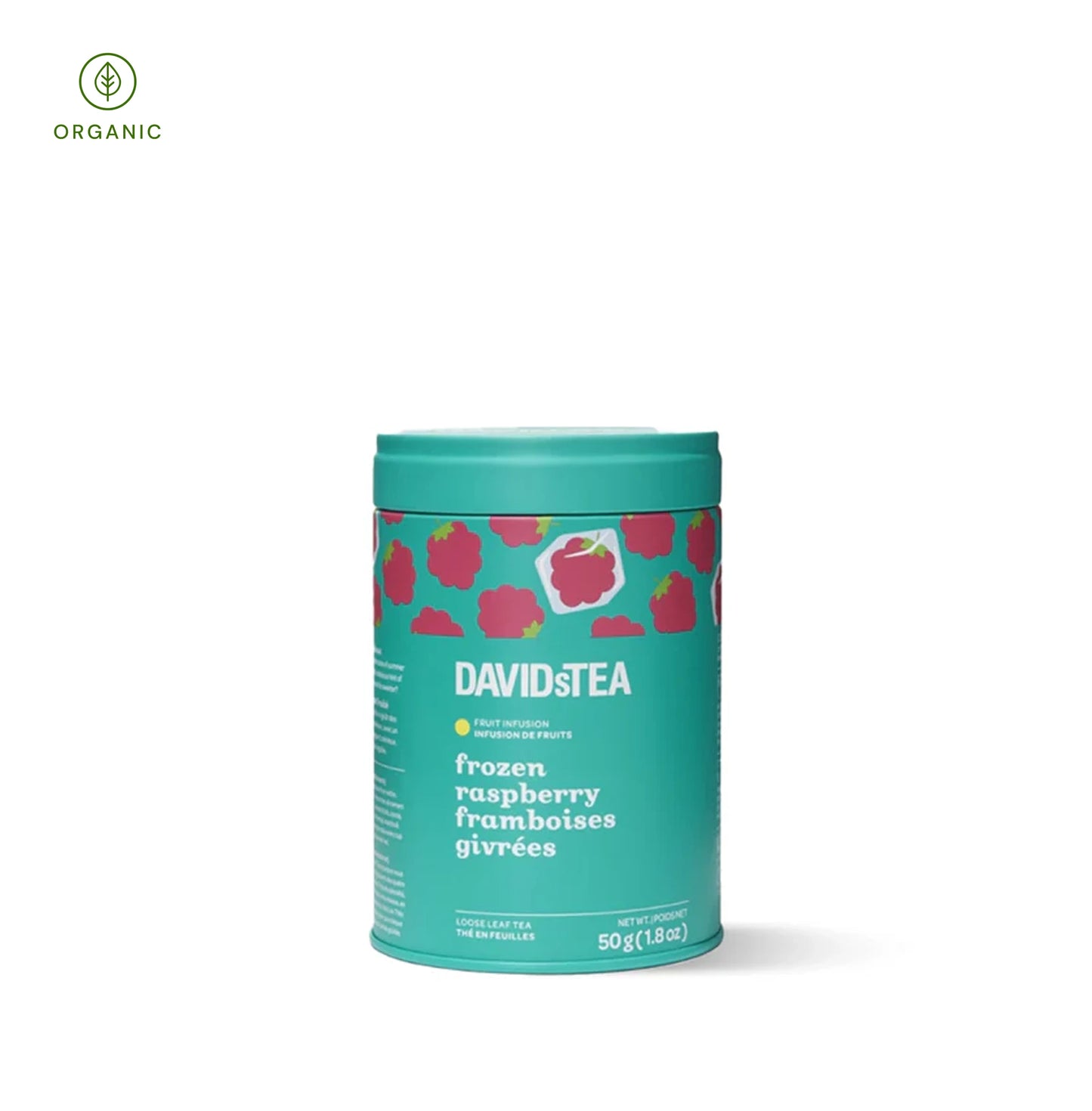 DAVIDsTEA Frozen Raspberry Tea – Sweet raspberry herbal tea with creamy yogurt notes, ideal for iced drinks and summer slushies.