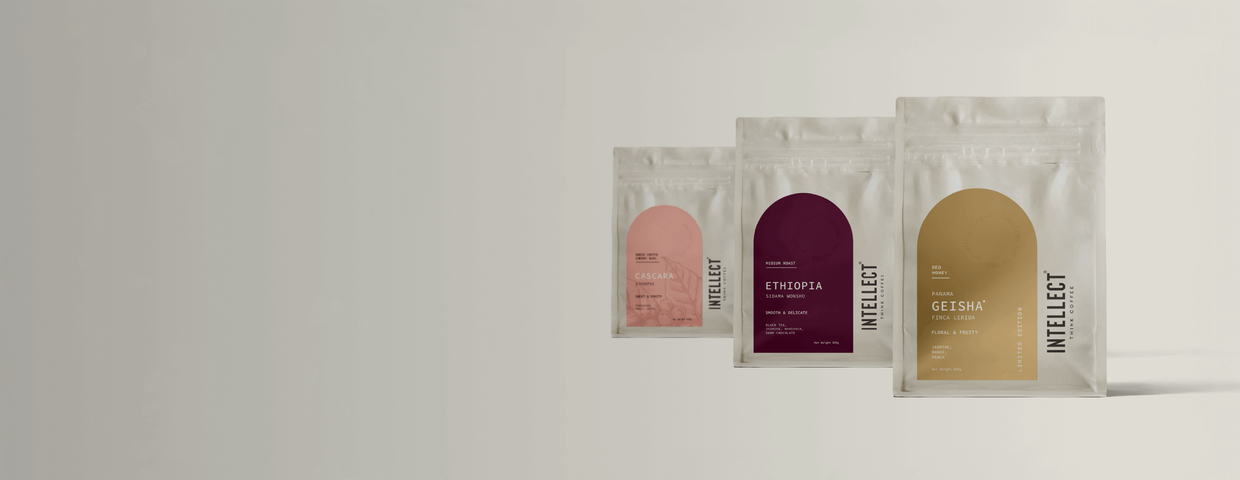 Three packages labeled 'INTELLECT' on a light gray background