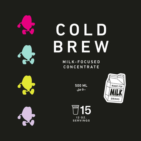 Cold Brew milk-focused concentrate packaging with colorful icons, 500 ml, perfect for iced and Spanish lattes, 15 servings.