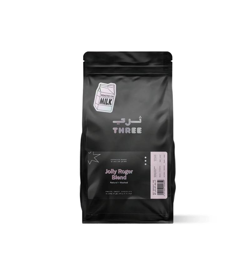 Jolly Roger Blend by THREE Coffee is a seasonal espresso with Ethiopian and Brazilian beans. Berry sweetness, milk chocolate richness & silky finish in every balanced, syrupy cup.