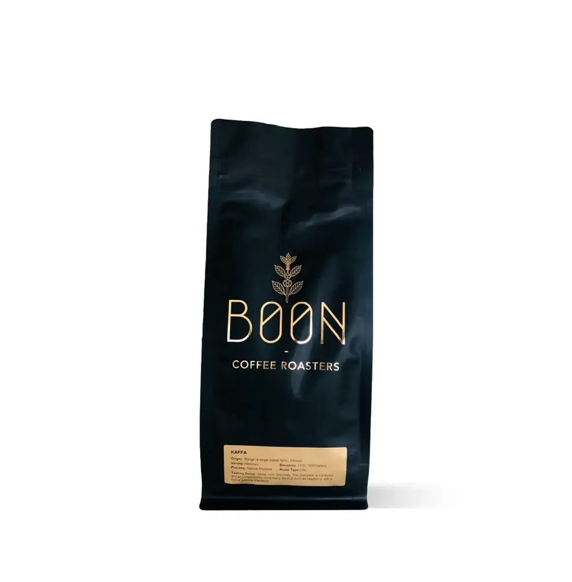 Kaffa Bonga by Boon Coffee Roasters in minimal, earthy-toned packaging, naturally processed with mellow fruit tones and smooth sweetness, perfect for comforting, approachable coffee moments every day.