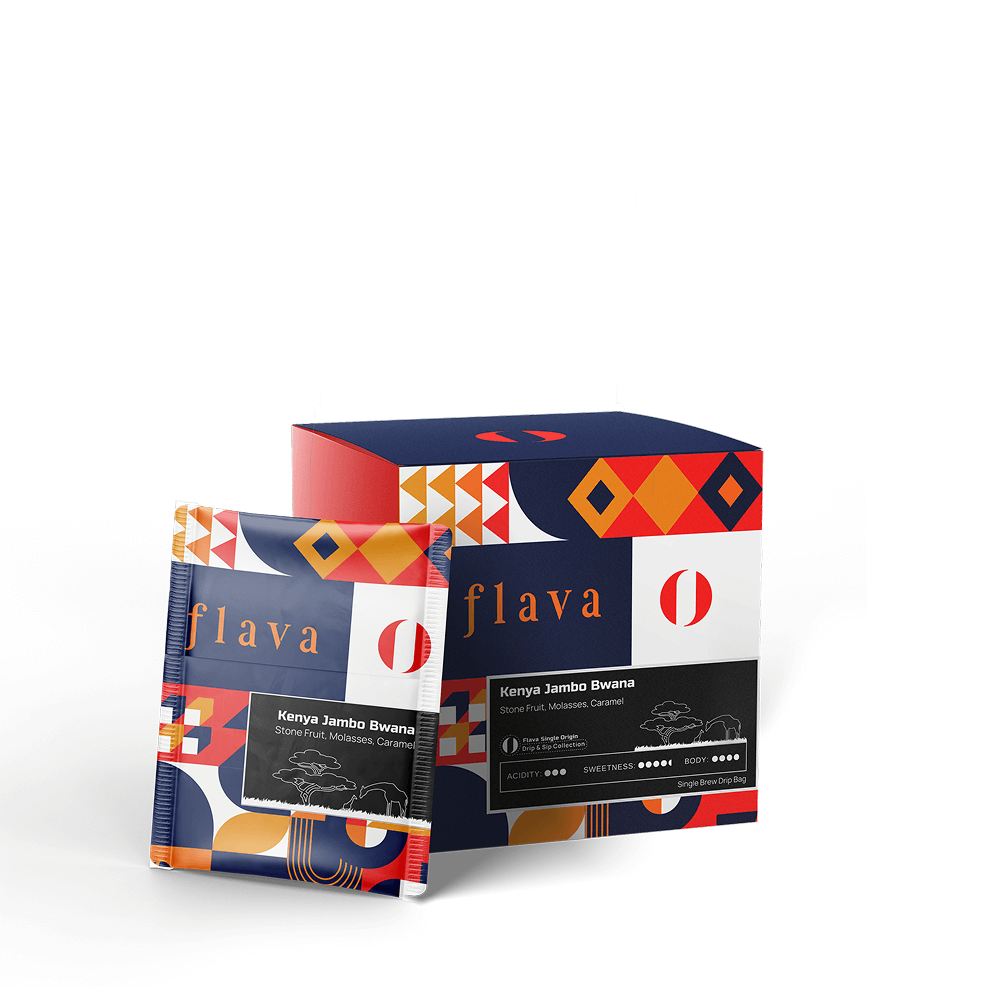 Kenya Jambo Bwana Single Origin Drip Bags with vibrant packaging for travel-friendly Kenyan coffee experience.