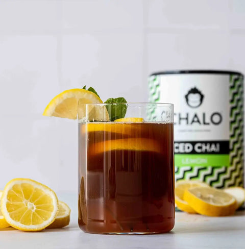 Chalo Lemon Iced Chai, tart lemon & sweet jaggery blend, fresh vegan iced tea for all seasons.