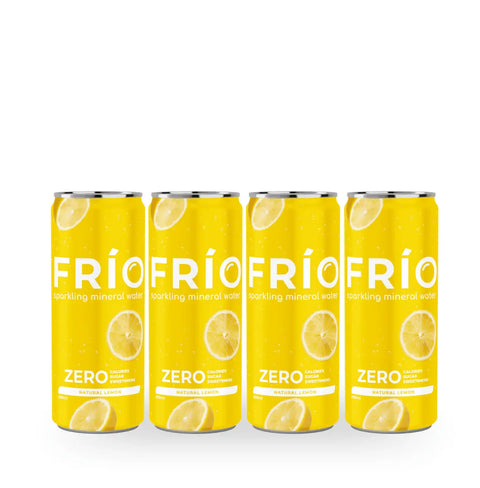 Four yellow Frío Zero sparkling mineral water cans arranged in a row on a white background.