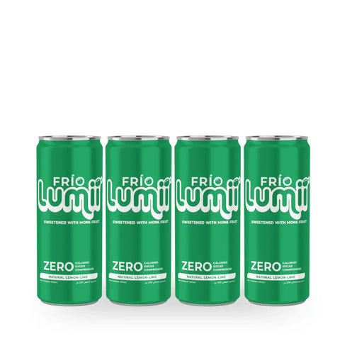 Four green Frio Lumii Zero Calorie Energy Drink cans arranged in a row on a white background.