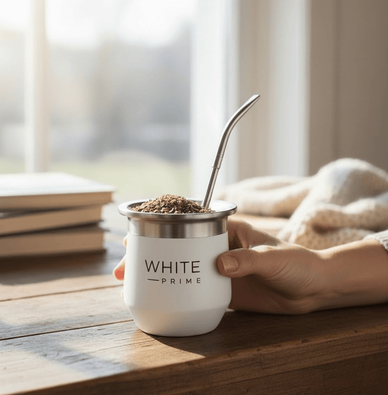 Mate Starter Kit featuring the White Prime gourd and bombilla, perfect for enjoying premium UAE argentina yerba mate.